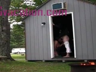 Chubby Chick Sucks A Guys Dick In A Shed
